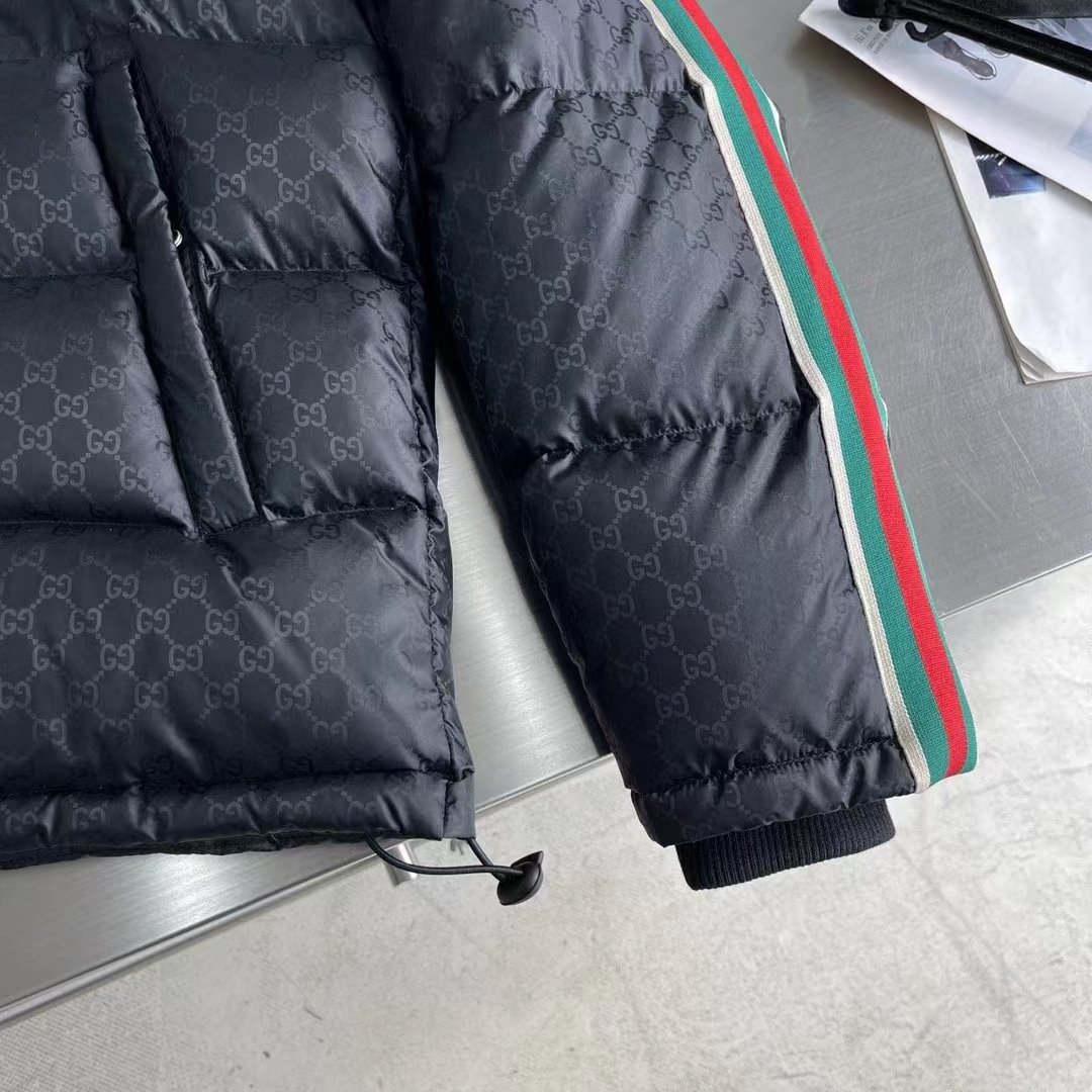 Gucci Men GG Nylon Jacquard Jacket Web Black Stripe Lined Fixed Hood Rib Cuffs