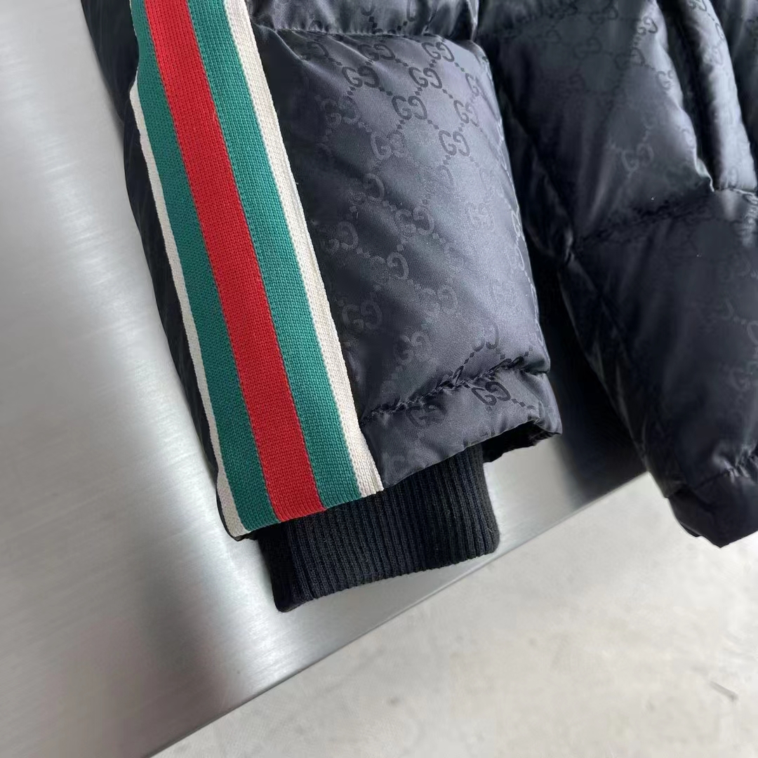 Gucci Men GG Nylon Jacquard Jacket Web Black Stripe Lined Fixed Hood Rib Cuffs