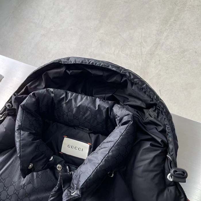Gucci Men GG Nylon Jacquard Jacket Web Black Stripe Lined Fixed Hood Rib Cuffs