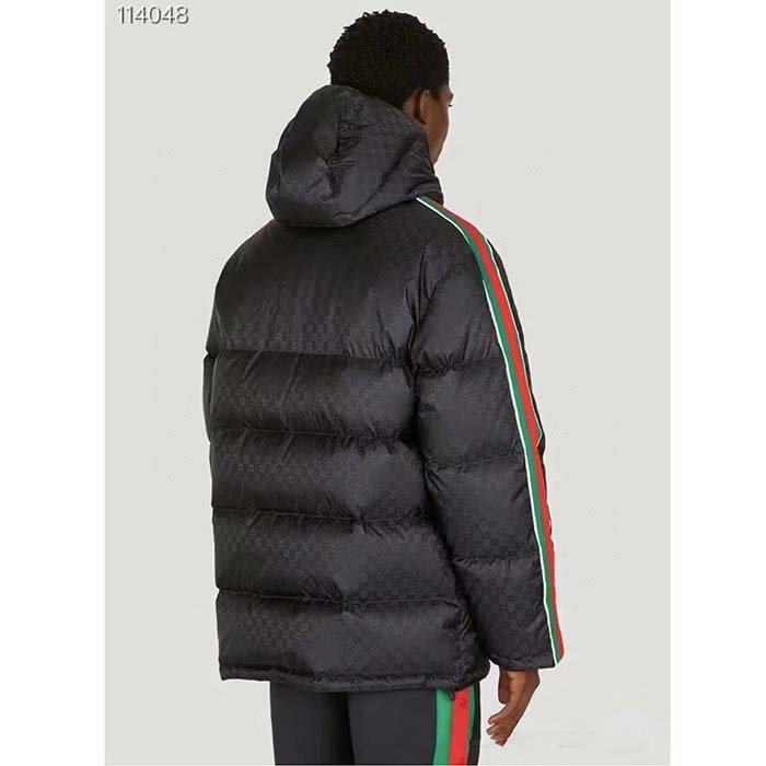 Gucci Men GG Nylon Jacquard Jacket Web Black Stripe Lined Fixed Hood Rib Cuffs