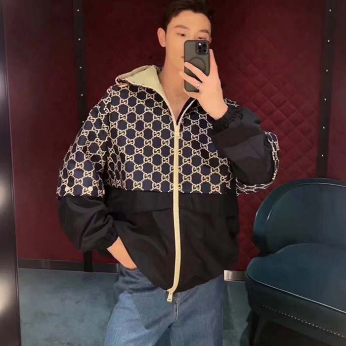 Gucci Men GG Ripstop Fabric Zip Jacket Blue Ivory GG Padded Detachable Sleeves