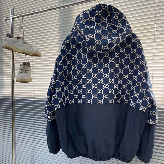 Gucci Women GG Ripstop Fabric Zip Jacket Blue Ivory GG Padded Detachable Sleeves