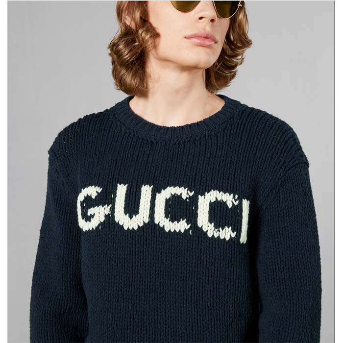 Gucci Men GG Wool Top Gucci Intarsia Black Ivory Wool Crewneck Dropped Shoulder Long Sleeves Rib