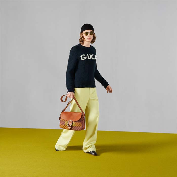 Gucci Men GG Wool Top Gucci Intarsia Black Ivory Wool Crewneck Dropped Shoulder Long Sleeves Rib