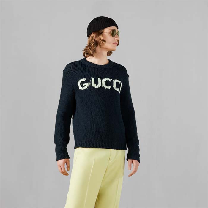 Gucci Men GG Wool Top Gucci Intarsia Black Ivory Wool Crewneck Dropped Shoulder Long Sleeves Rib