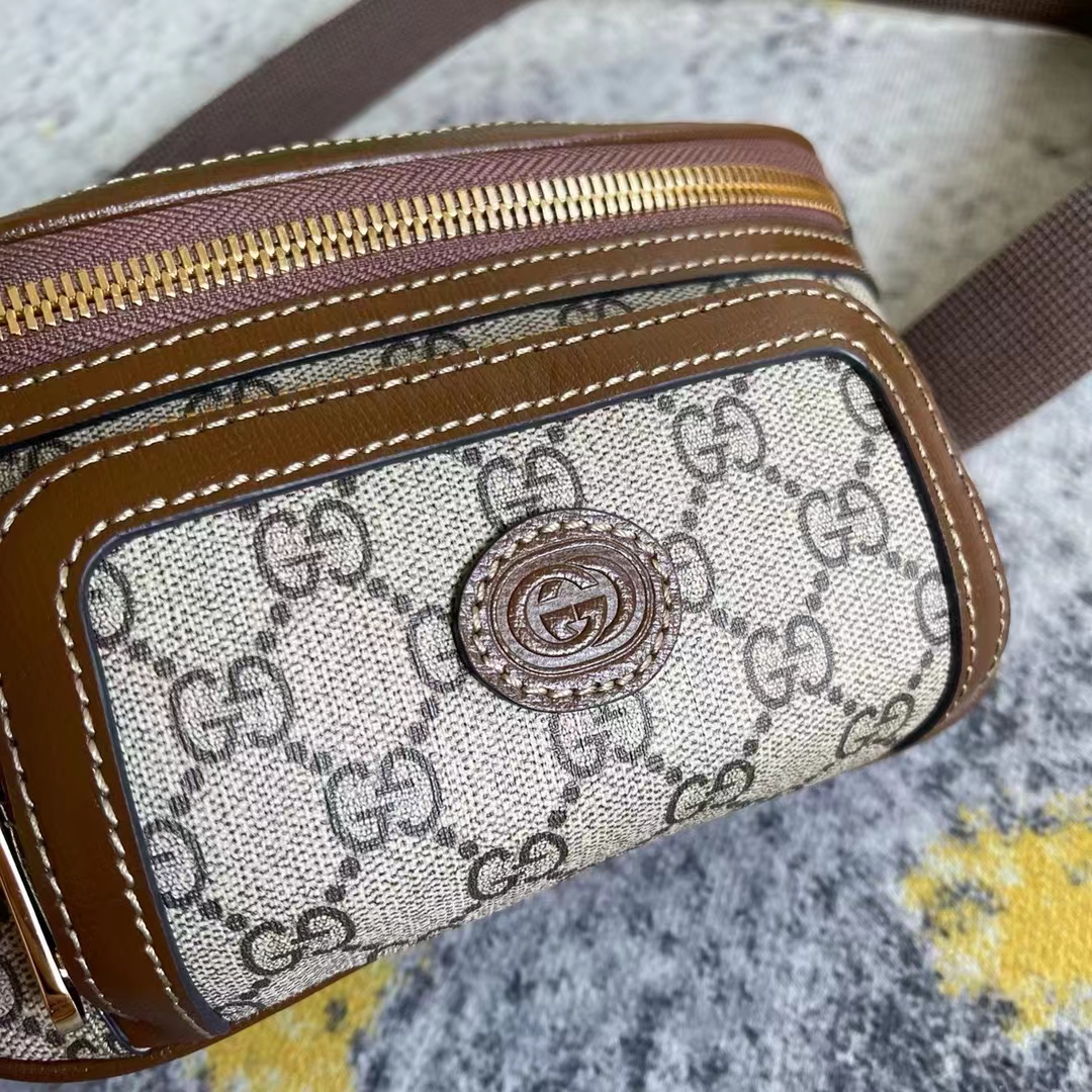 Gucci Unisex Belt Bag Interlocking G Beige Ebony GG Supreme Canvas Brown Leather