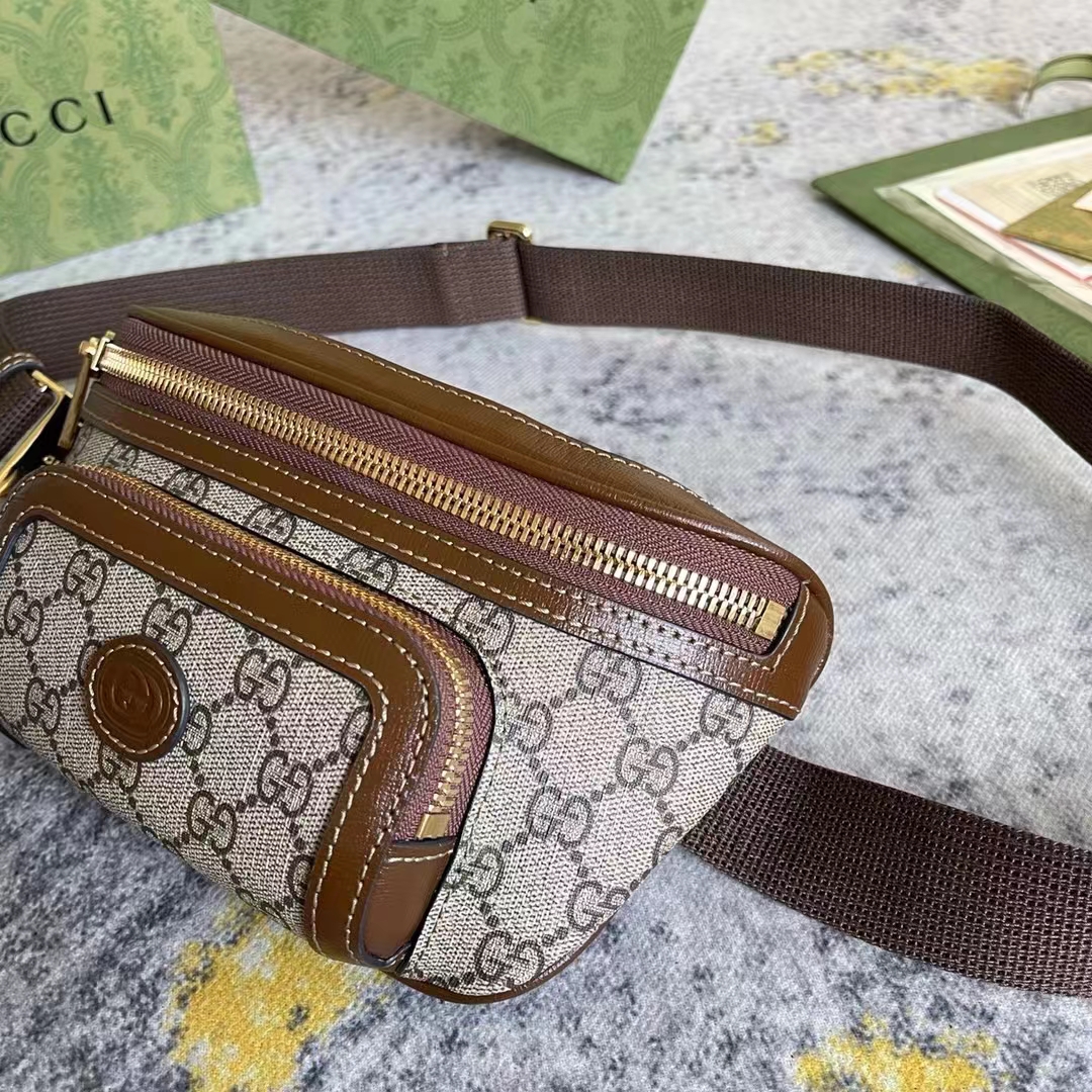 Gucci Unisex Belt Bag Interlocking G Beige Ebony GG Supreme Canvas Brown Leather