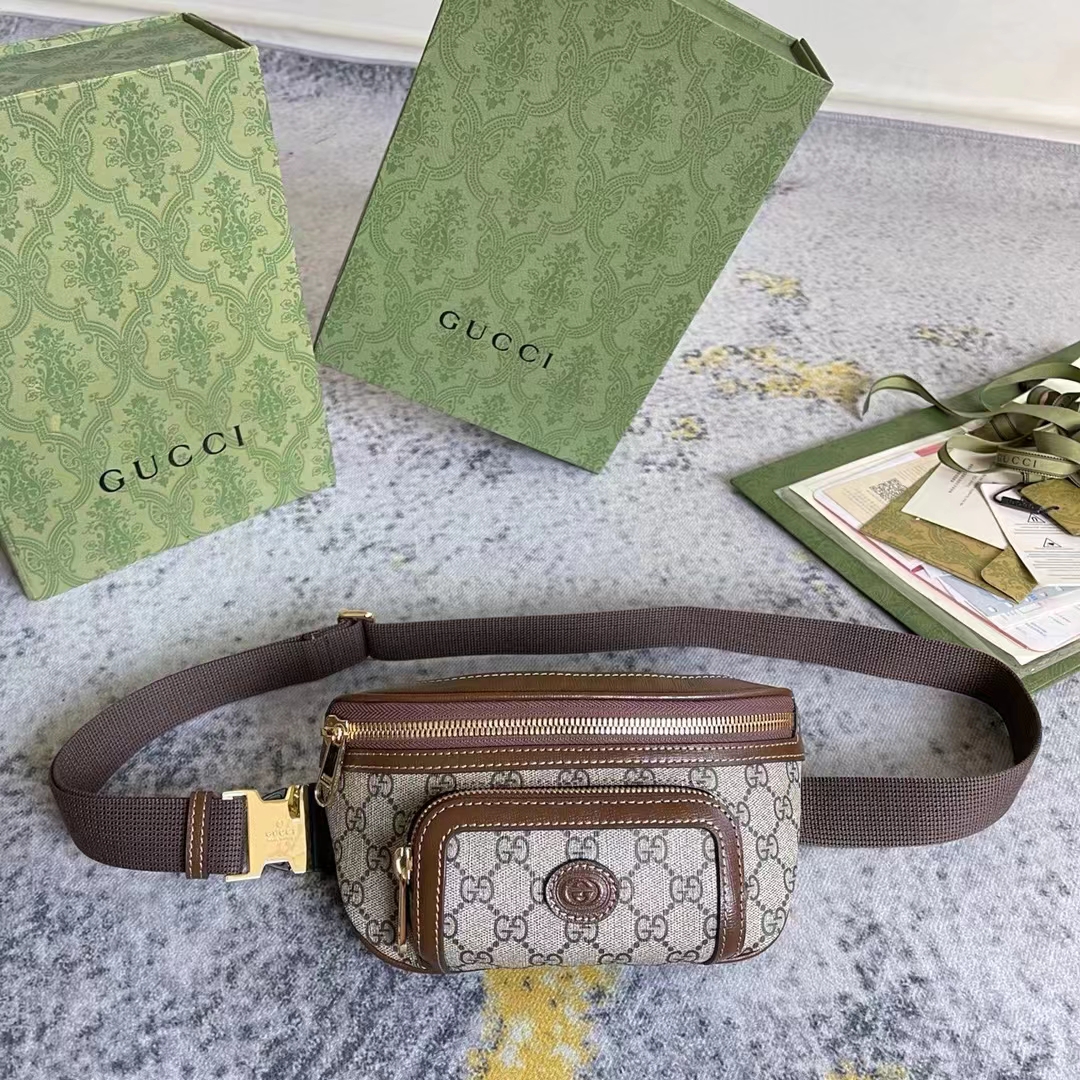 Gucci Unisex Belt Bag Interlocking G Beige Ebony GG Supreme Canvas Brown Leather