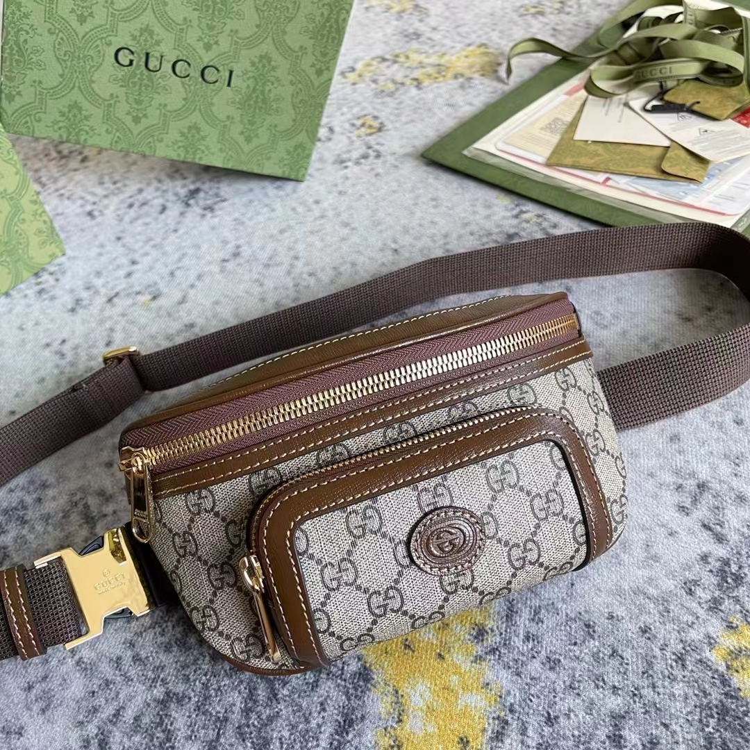 Gucci Unisex Belt Bag Interlocking G Beige Ebony GG Supreme Canvas Brown Leather