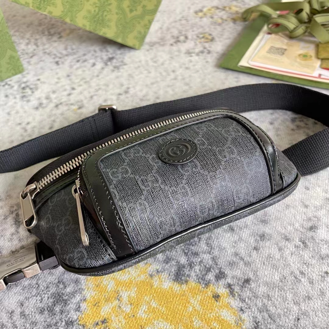 Gucci Unisex Belt Bag Interlocking G Black GG Supreme Canvas Black Leather