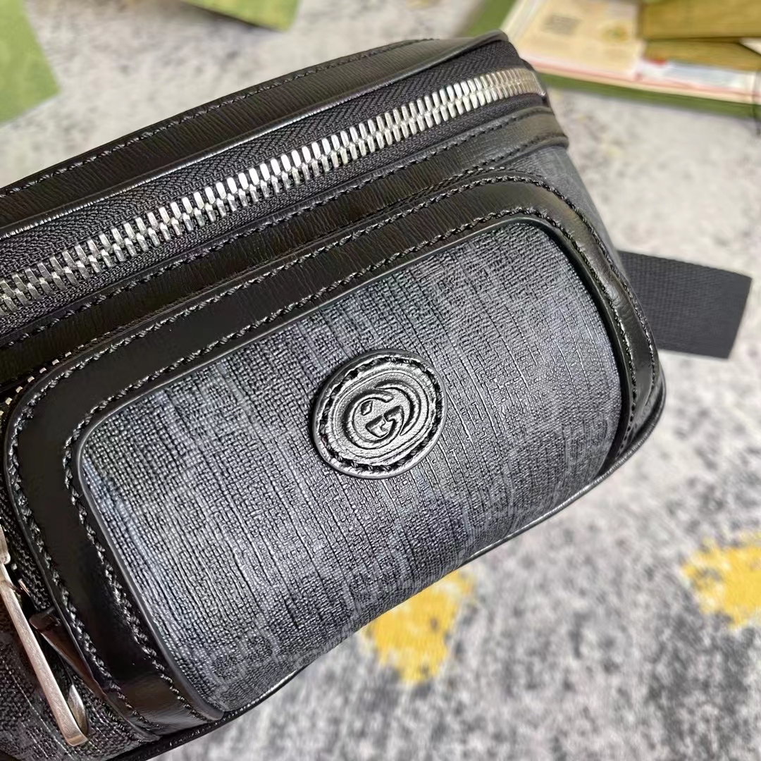 Gucci Unisex Belt Bag Interlocking G Black GG Supreme Canvas Black Leather