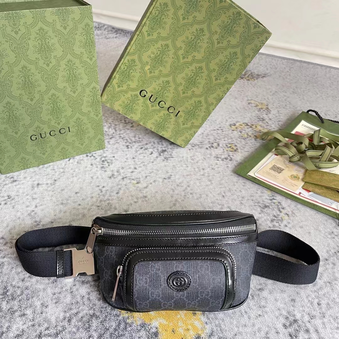 Gucci Unisex Belt Bag Interlocking G Black GG Supreme Canvas Black Leather