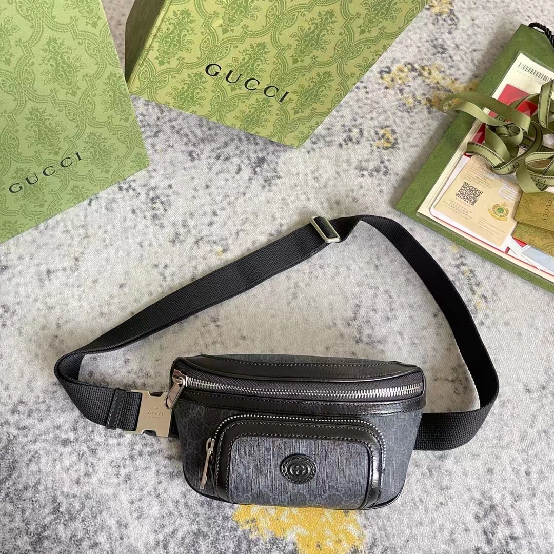 Gucci Unisex Belt Bag Interlocking G Black GG Supreme Canvas Black Leather
