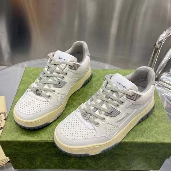 Gucci Unisex Distressed Effect Sneaker Off White Leather Interlocking G Rubber Flat