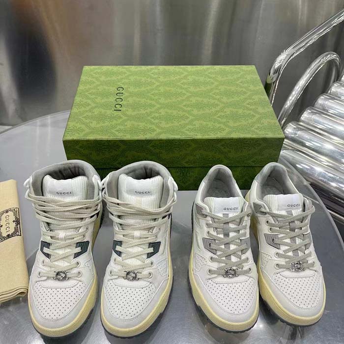 Gucci Unisex Distressed Effect Sneaker Off White Leather Interlocking G Rubber Flat