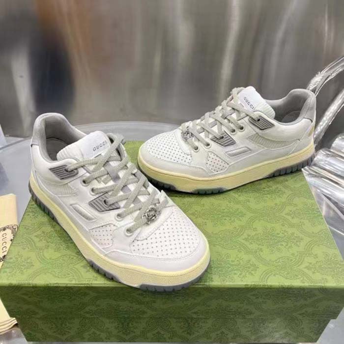 Gucci Unisex Distressed Effect Sneaker Off White Leather Interlocking G Rubber Flat