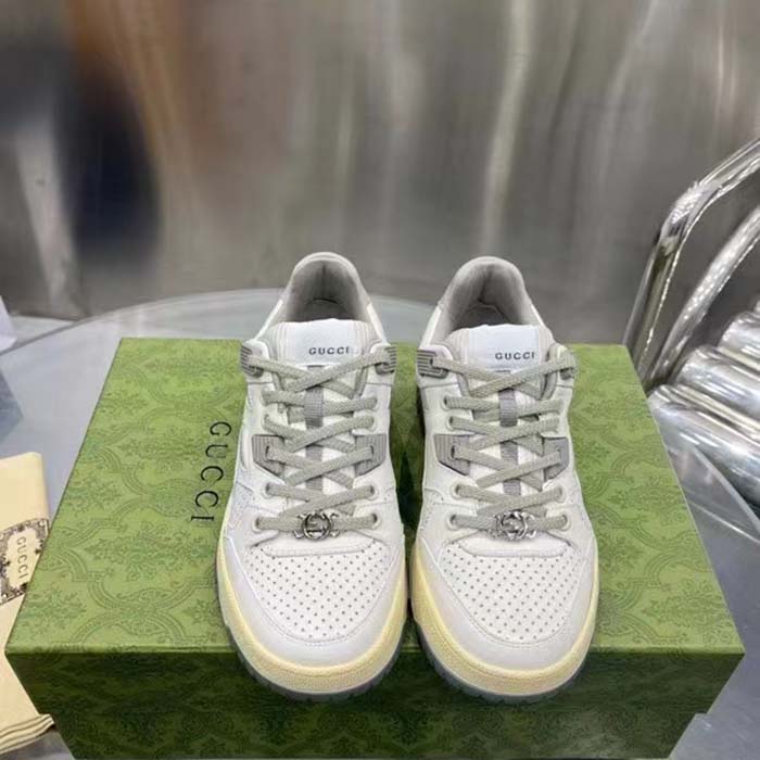 Gucci Unisex Distressed Effect Sneaker Off White Leather Interlocking G Rubber Flat