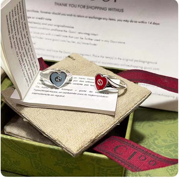 Gucci Unisex GG Heart Ring Interlocking G 925 Sterling Silver Red Enamel