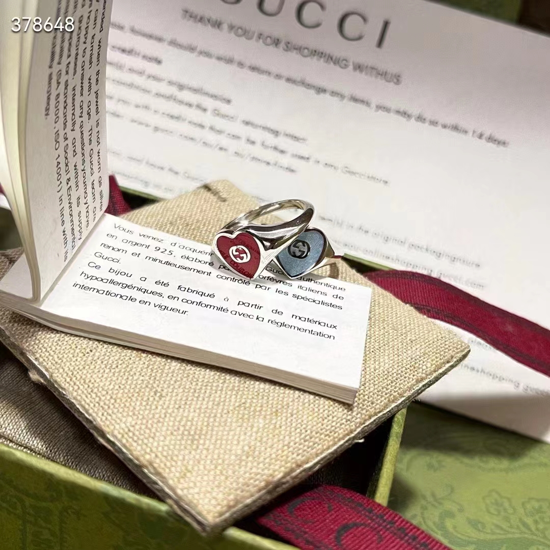 Gucci Unisex GG Heart Ring Interlocking G 925 Sterling Silver Red Enamel