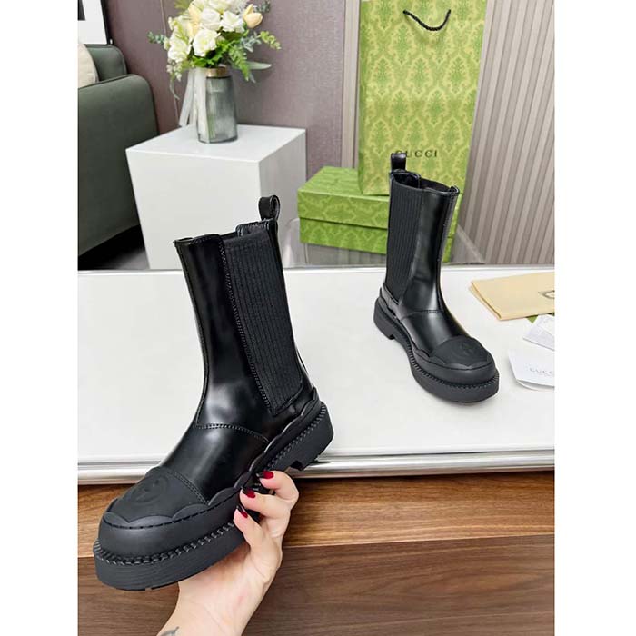 Gucci Unisex GG Interlocking G Boots Black Leather Rubber Sole Flat 1.5 CM Heel