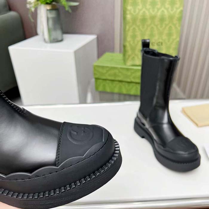 Gucci Unisex GG Interlocking G Boots Black Leather Rubber Sole Flat 1.5 CM Heel