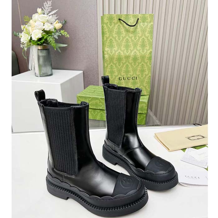 Gucci Unisex GG Interlocking G Boots Black Leather Rubber Sole Flat 1.5 CM Heel
