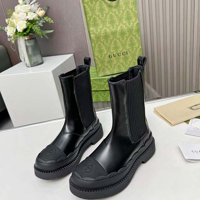 Gucci Unisex GG Interlocking G Boots Black Leather Rubber Sole Flat 1.5 CM Heel