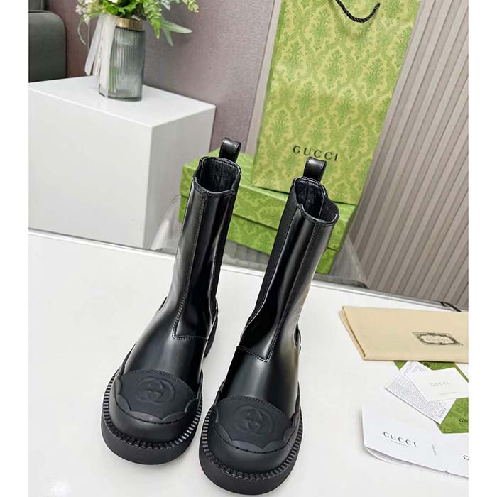 Gucci Unisex GG Interlocking G Boots Black Leather Rubber Sole Flat 1.5 CM Heel