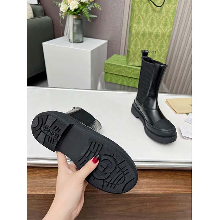 Gucci Unisex GG Interlocking G Boots Black Leather Rubber Sole Flat 1.5 CM Heel