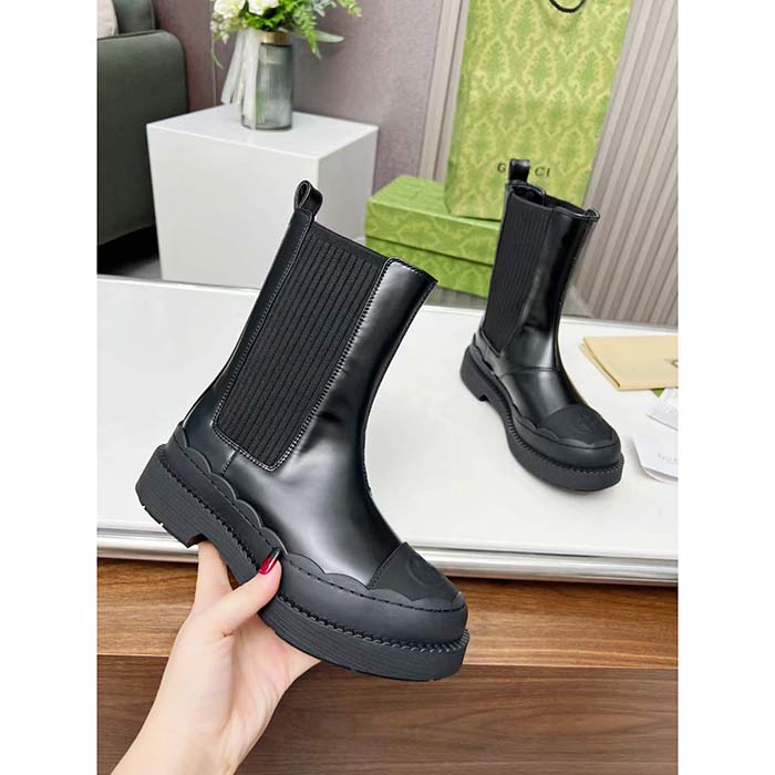 Gucci Unisex GG Interlocking G Boots Black Leather Rubber Sole Flat 1.5 CM Heel