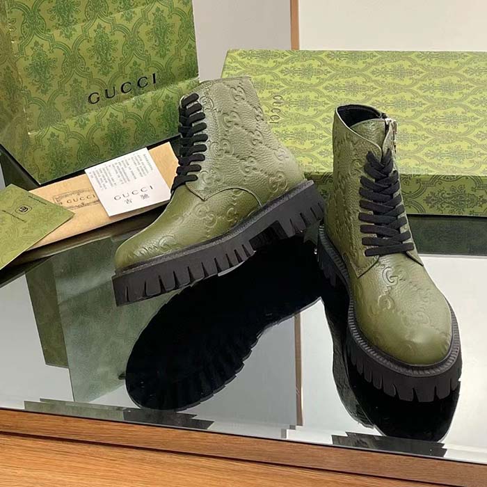 Gucci Unisex GG Leather Boot Dark Green Rubber Lug Sole Lace-Up Interlocking G Low-Heel