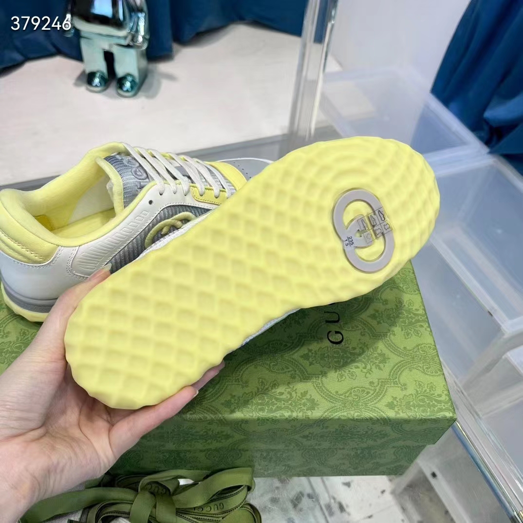 Gucci Unisex GG MAC80 Sneaker Off White Yellow Leather Grey Fabric Interlocking G Round Toe Rubber Flat