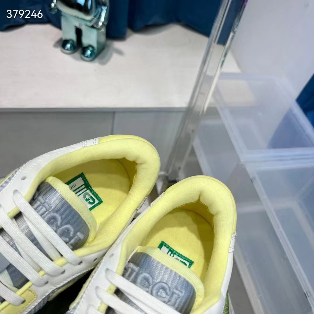 Gucci Unisex GG MAC80 Sneaker Off White Yellow Leather Grey Fabric Interlocking G Round Toe Rubber Flat