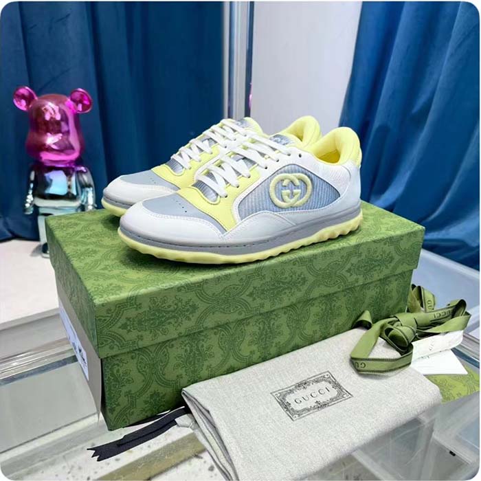 Gucci Unisex GG MAC80 Sneaker Off White Yellow Leather Grey Fabric Interlocking G Round Toe Rubber Flat