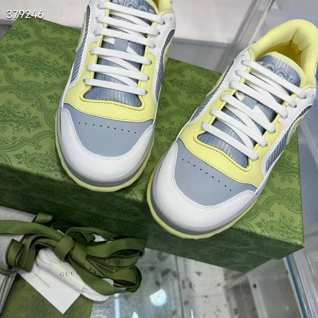 Gucci Unisex GG MAC80 Sneaker Off White Yellow Leather Grey Fabric Interlocking G Round Toe Rubber Flat
