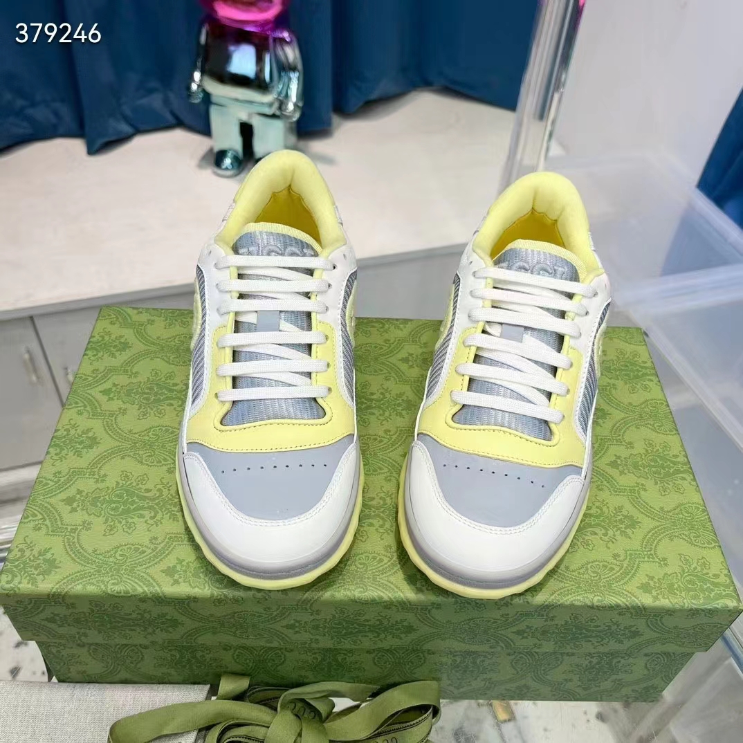 Gucci Unisex GG MAC80 Sneaker Off White Yellow Leather Grey Fabric Interlocking G Round Toe Rubber Flat