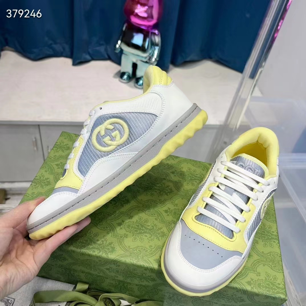 Gucci Unisex GG MAC80 Sneaker Off White Yellow Leather Grey Fabric Interlocking G Round Toe Rubber Flat