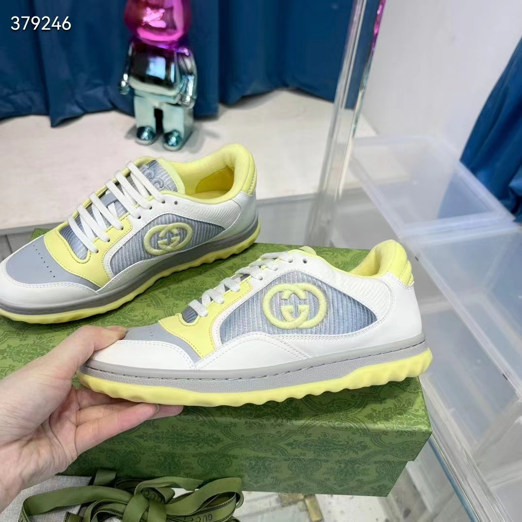 Gucci Unisex GG MAC80 Sneaker Off White Yellow Leather Grey Fabric Interlocking G Round Toe Rubber Flat