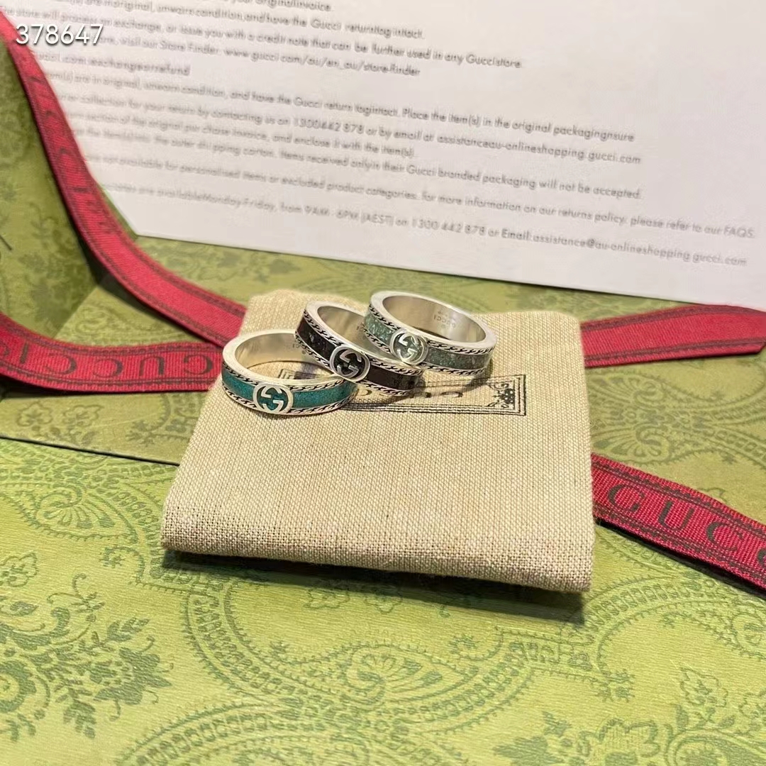 Gucci Unisex GG Ring Interlocking G 925 Sterling Silver Brown Turquoise Enamel Engraved Trim