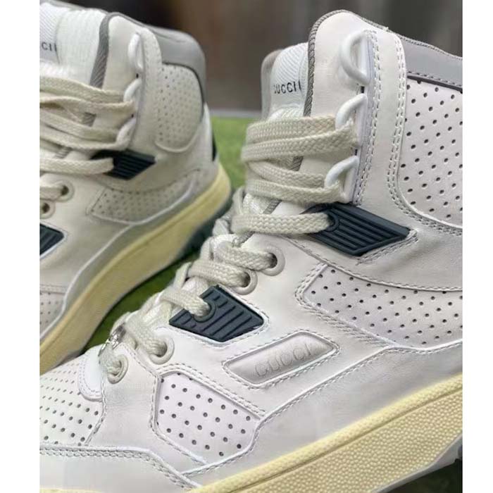 Gucci Unisex High Top Distressed Effect. Sneaker Off White Leather Interlocking G Rubber Flat
