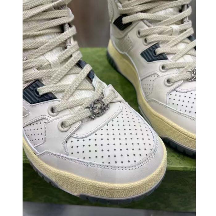 Gucci Unisex High Top Distressed Effect. Sneaker Off White Leather Interlocking G Rubber Flat