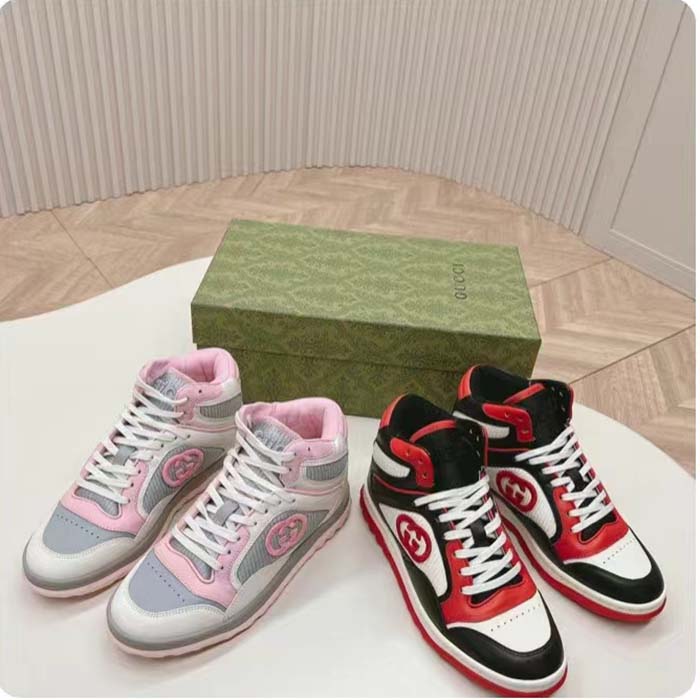 Gucci Unisex Mac80 High Top Sneaker Off White Pink Leather Round Toe Rubber Sole Flat
