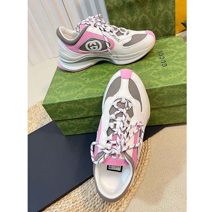 Gucci Unisex Run Sneaker Ivory Pink Suede Interlocking G Bi-Color Rubbe Low Heel