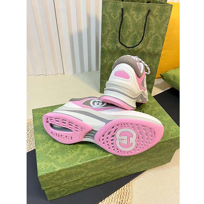 Gucci Unisex Run Sneaker Ivory Pink Suede Interlocking G Bi-Color Rubbe Low Heel