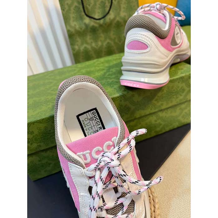 Gucci Unisex Run Sneaker Ivory Pink Suede Interlocking G Bi-Color Rubbe Low Heel