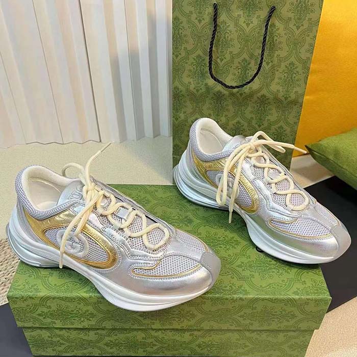Gucci Unisex Run Sneaker Silver Metallic Leather Interlocking G Bi-Color Rubbe Low Heel