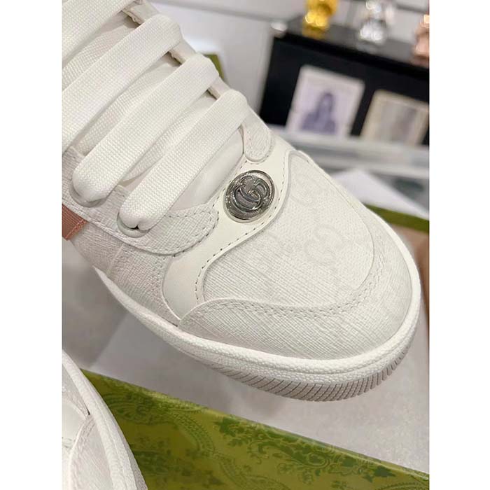 Gucci Unisex Screener Sneaker White GG Supreme Canvas Rubber Sole Lace-Up Low Heel