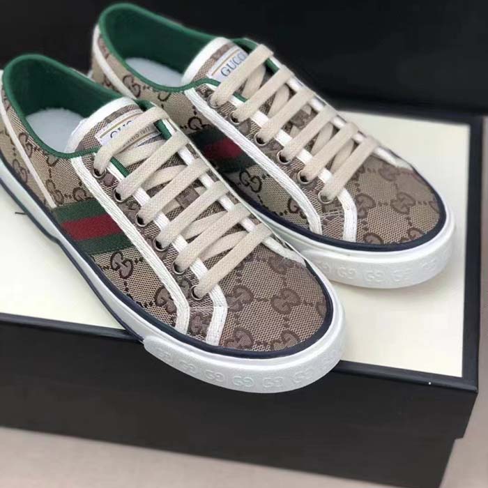 Gucci Unisex Tennis 1977 Sneaker Beige Ebony Original GG Canvas Rubber Sole Flat