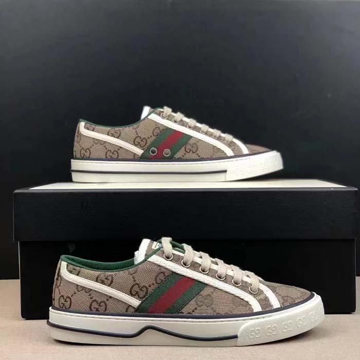 Gucci Unisex Tennis 1977 Sneaker Beige Ebony Original GG Canvas Rubber Sole Flat