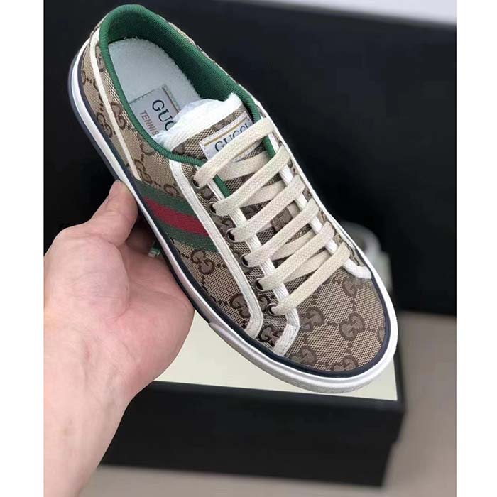 Gucci Unisex Tennis 1977 Sneaker Beige Ebony Original GG Canvas Rubber Sole Flat